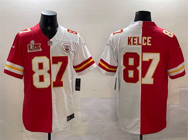 Mens Kansas City Chiefs #87 Travis Kelce Red & White Split 2025 Super Bowl LIX Patch Vapor Limited Stitched Jersey